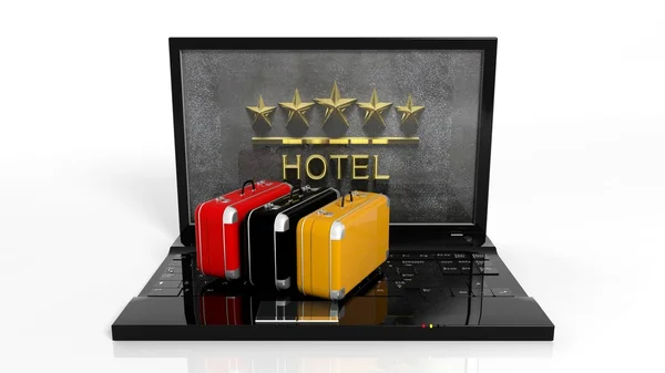 Valises sur clavier d'ordinateur portable avec 5 étoiles symbole de l'hôtel à l'écran — Photo