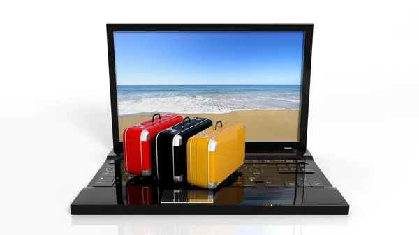 Чемоданы на черной клавиатуре ноутбука с пляжем на экране, изолированные — стоковое фото