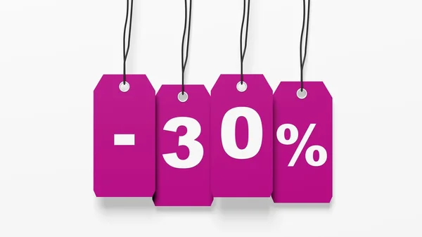 Rosa hängande försäljning Taggar med trettio procent rabatt isolerad på vit bakgrund — Stockfoto
