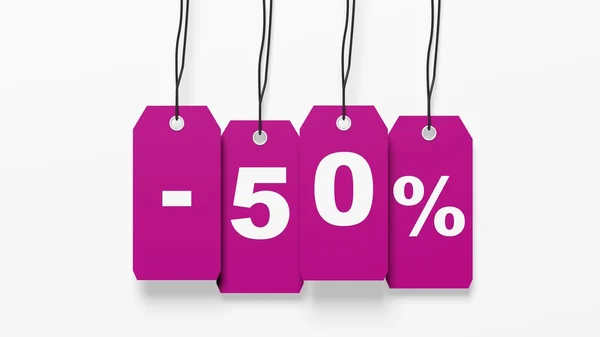 Růžová visí prodejní značky s 50 % slevou izolovaných na bílém pozadí — Stock fotografie