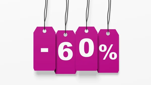 Pink pendurado etiquetas de vendas com sessenta por cento de desconto isolado no fundo branco — Fotografia de Stock
