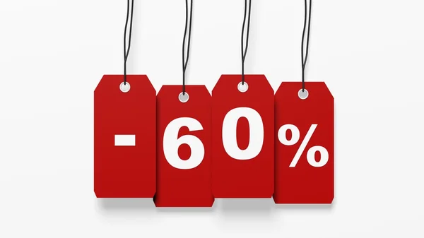 Rote hängende Verkaufsschilder mit sechzig Prozent Rabatt isoliert auf weißem Hintergrund — Stockfoto