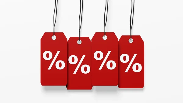 Rote hängende Verkaufsetiketten mit Prozentzeichen isoliert auf weißem Hintergrund — Stockfoto