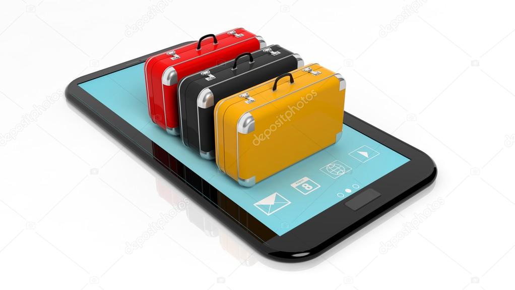 Colorful suitcases on tablet screen, isolated on white