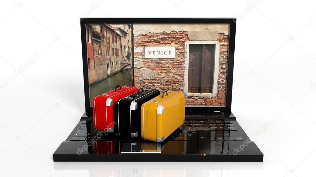 Suitcases on black laptop keyboard with Venice on screen, isolated
