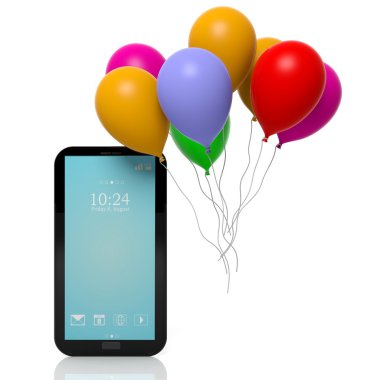 Grup beyaz arka plan üzerinde izole tablet ile renkli balon