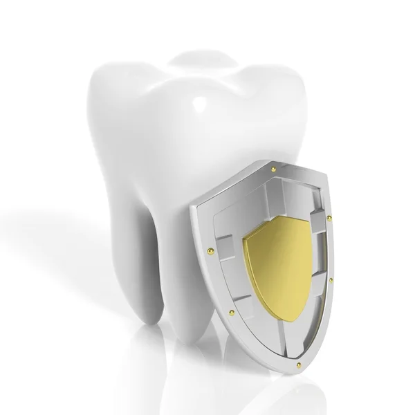 白い背景に分離された銀の盾と歯シンボル — ストック写真