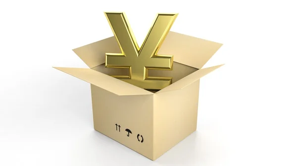 Золотий ієн вхід відкритий картонну коробку, ізольовані на білому тлі — стокове фото