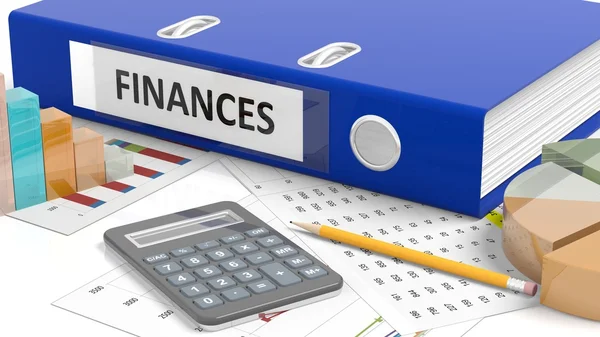 Komputerze biurowym statystyki, kalkulator, ołówek, papiery i folder o nazwie finanse — Zdjęcie stockowe