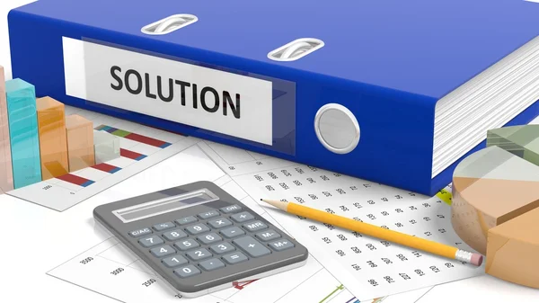 Office desktop with stats, calculator, pencil, papers and folder named Solution — Stock Photo, Image