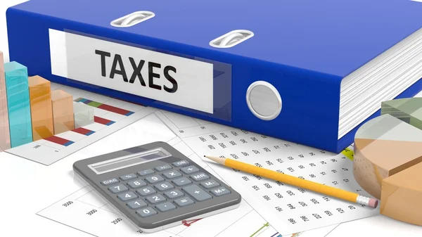 Bureau avec statistiques, calculatrice, crayon, papiers et dossier nommé Taxes — Photo