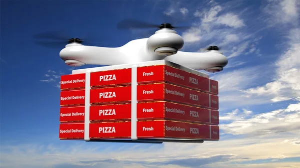Drone com caixa de pizza de entrega no fundo do céu azul — Fotografia de Stock
