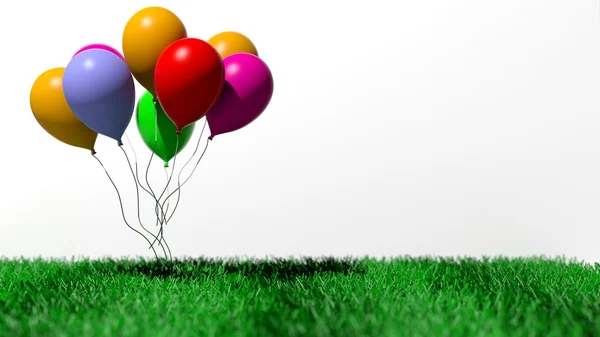 Grupp av färgglada Tom ballonger på gräs isolerad på vit — Stockfoto