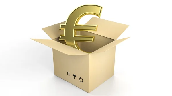 Sinal de euro dourado em caixa de papelão aberta, isolado em fundo branco — Fotografia de Stock
