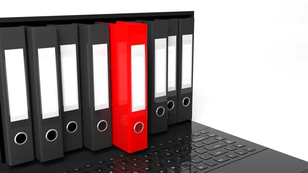 One red office folders among black ones with blank labels on laptop screen — Stock Photo, Image