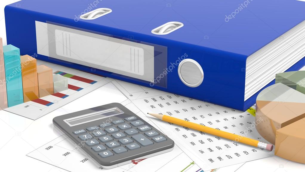 Office desktop with folder template, stats, calculator, pencil and papers