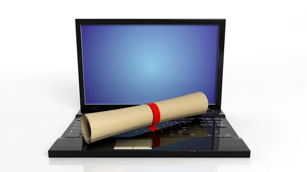 Schuiven met rood lint en laptop, geïsoleerd op witte achtergrond. — Stockfoto