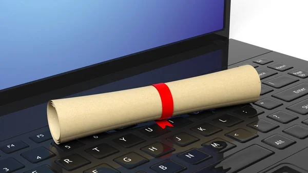 Scroll with red ribbon on laptop keyboard. — Stock Photo, Image