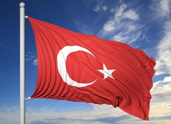 Waving flag of Turkey on flagpole, on blue sky background. — Stock Photo, Image