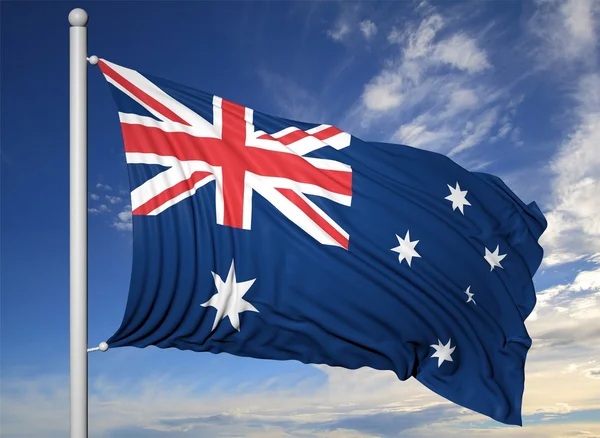 Розмахуючи прапором Австралії на флагштока, на тлі синього неба. — стокове фото