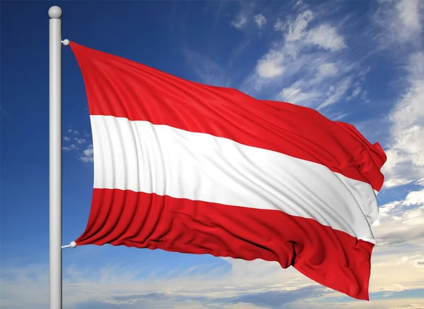 Bandera de Austria ondeando sobre asta de la bandera, sobre fondo azul del cielo . — Foto de Stock