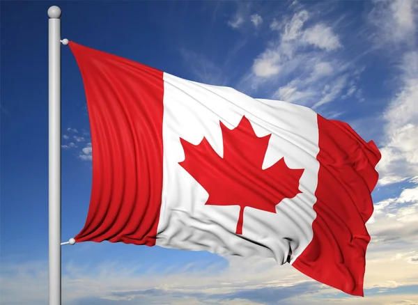 Waving flag of Canada on flagpole, on blue sky background. — Stock Photo, Image