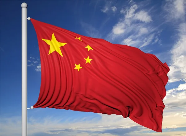 Waving flag of China on flagpole, on blue sky background. — Stock Photo, Image