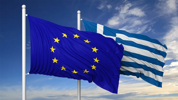 Waving flags of EU and Greece on flagpole, on blue sky background. — Stock Photo, Image