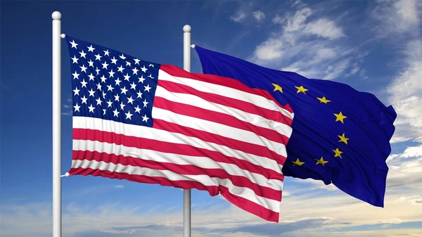Macha flagi Usa i UE na masztem, na tle błękitnego nieba. — Zdjęcie stockowe
