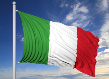 Mavi gökyüzü arka plan üzerinde bayrak direği, İtalya'nın bayrağı sallayarak.