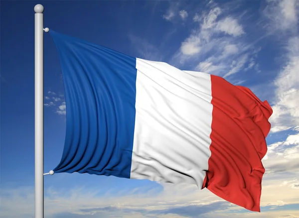 Ondeando la bandera de Francia en el asta de la bandera, sobre el fondo azul del cielo . —  Fotos de Stock