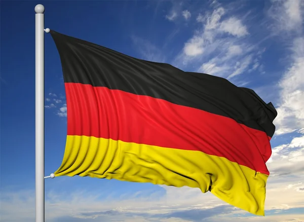 Drapeau flottant de l'Allemagne sur mât, sur fond de ciel bleu . — Photo