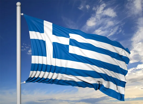 Ondeando la bandera de Grecia en el asta de la bandera, sobre el fondo azul del cielo . —  Fotos de Stock