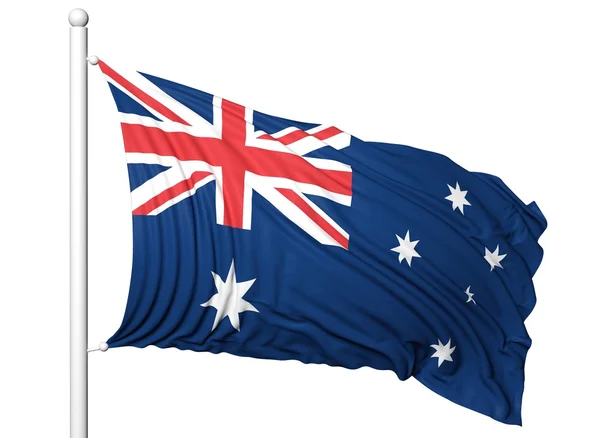 Vlag van Australië op vlaggenmast zwaaien, geïsoleerd op witte achtergrond. — Stockfoto