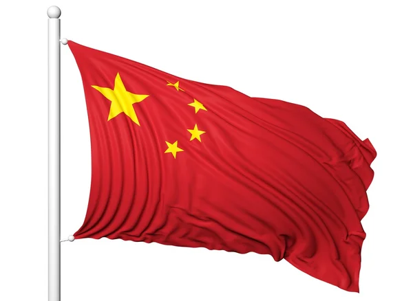 Macha flagą z Chin na masztem, na białym tle. — Zdjęcie stockowe