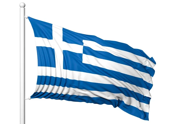 Vlag van Griekenland op vlaggenmast zwaaien, geïsoleerd op witte achtergrond. — Stockfoto
