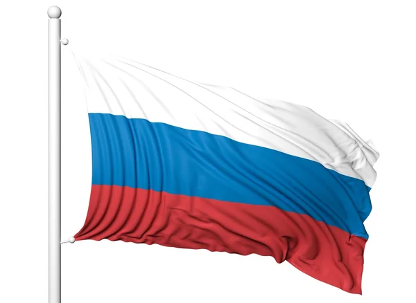 Macha flagą Rosji na masztem, na białym tle. — Zdjęcie stockowe