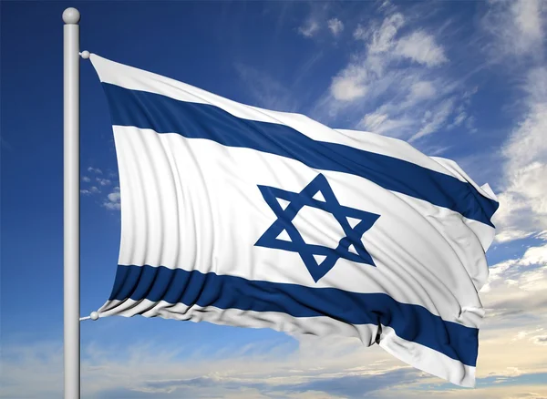 Ondeando la bandera de Israel en el asta de la bandera, sobre el fondo azul del cielo . —  Fotos de Stock