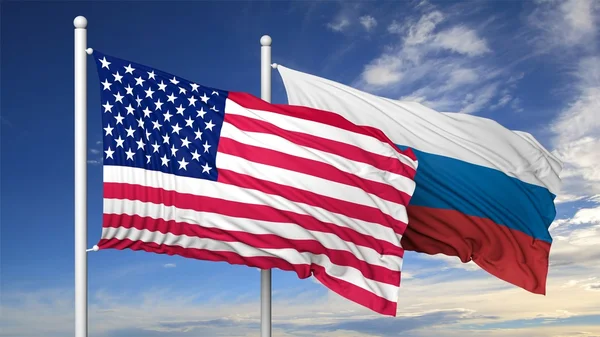 Waving flags of USA and Russia on flagpole, on blue sky background. — Stock Photo, Image