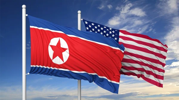 Waving flags of North Korea and USA on flagpole, on blue sky background. — Stock Photo, Image