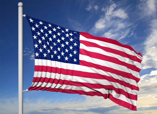 Drapeau ondulé des États-Unis sur mât de drapeau, sur fond bleu ciel . — Photo