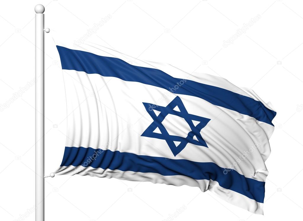 Waving flag of Israel on flagpole, isolated on white background.