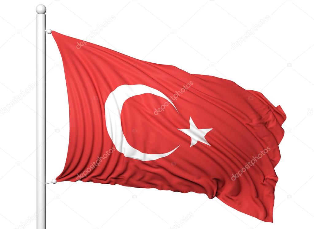 Waving flag of Turkey on flagpole, isolated on white background.