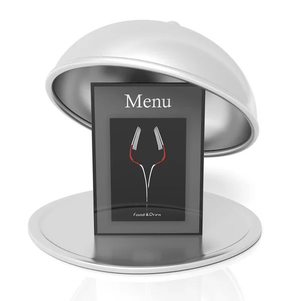 Cloche de restaurante prateado com menu, isolado em fundo branco . — Fotografia de Stock