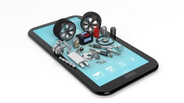 Beyaz arka plan üzerinde izole tablet, araba parçaları