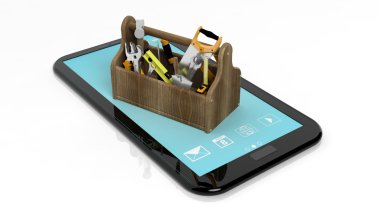 Tablet, beyaz arka plan üzerinde izole Toolkit