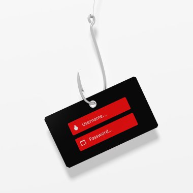 Beyaz arka plan üzerinde izole kullanıcı adı ve parola etiketiyle balıkçılık kanca