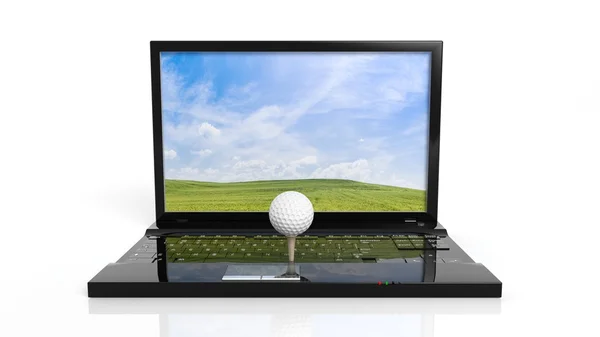 Balle de golf sur clavier d'ordinateur portable, champ vert avec ciel bleu à l'écran, isolé sur fond blanc — Photo
