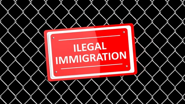 Chain fence with red sign Illegal Immigration, isolated on black background — Stock Photo, Image