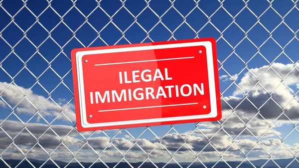 Цепной забор с красным знаком "Незаконная иммиграция", на фоне голубого неба — стоковое фото